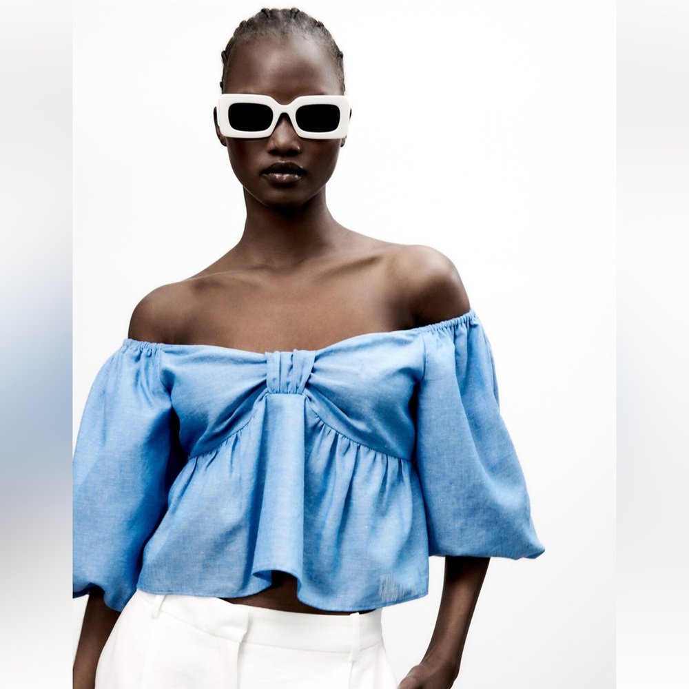Zara linen blend knotted off shoulder top.